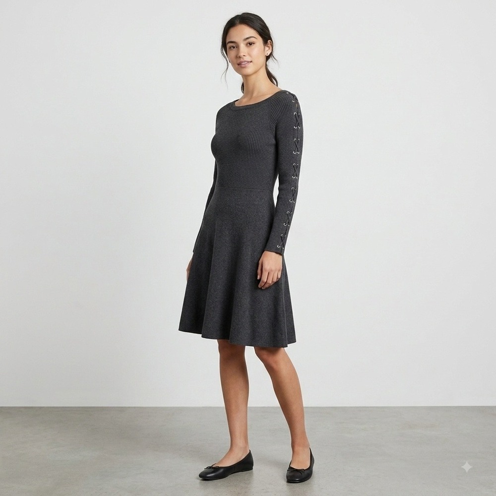 Neiman Marcus Size S Gray Ribbed Fit & Flare Sweater Dress Grommet Lace Up Arm